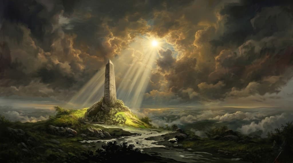 A dramatic digital painting of a stone obelisk with the word OBELYKS carved on it, standing on a sunlit grassy hill under a stormy sky with bright sunbeams breaking through.